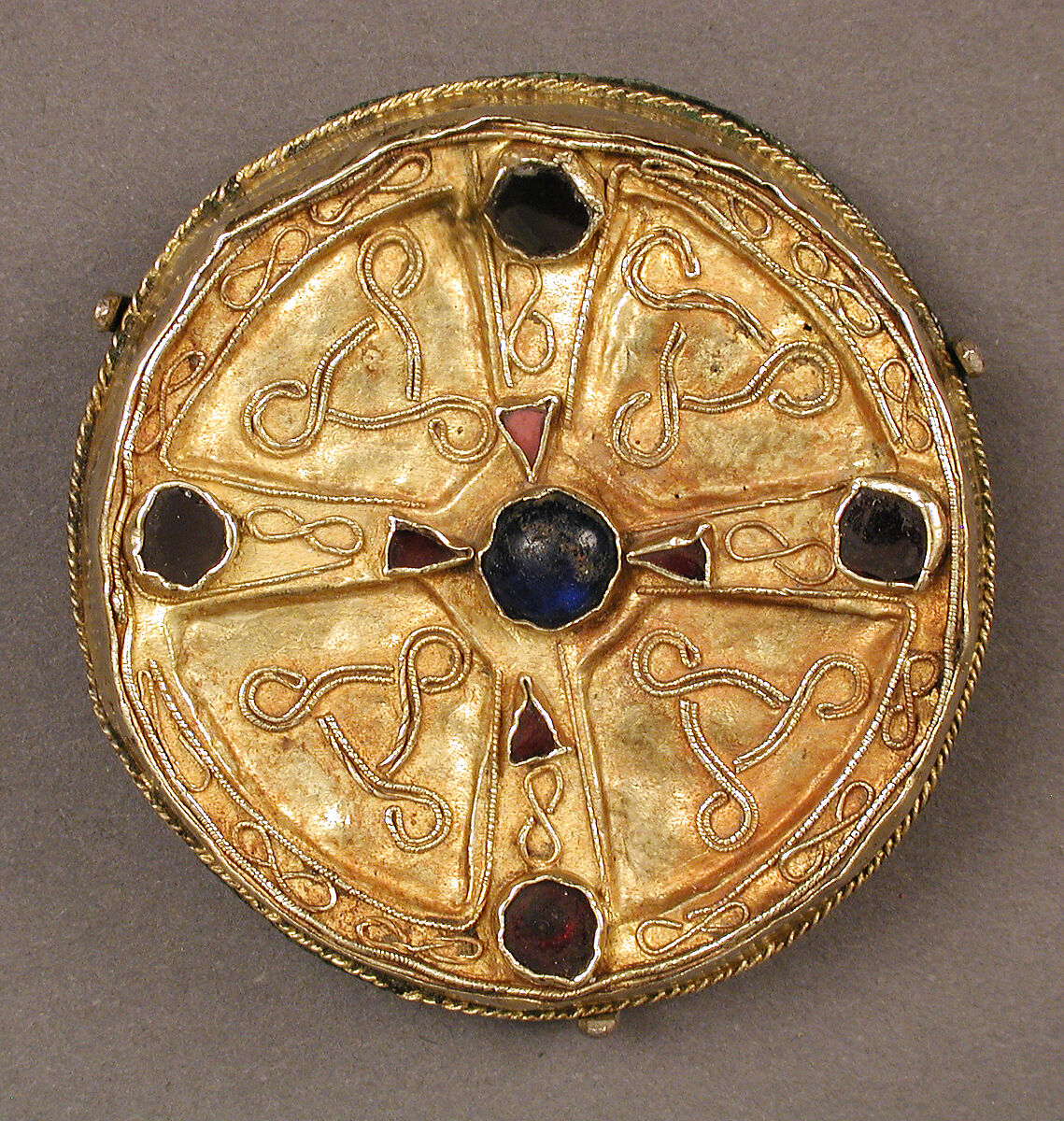 Disk Brooch, Gold, copper alloy, garnet and glass, Frankish 