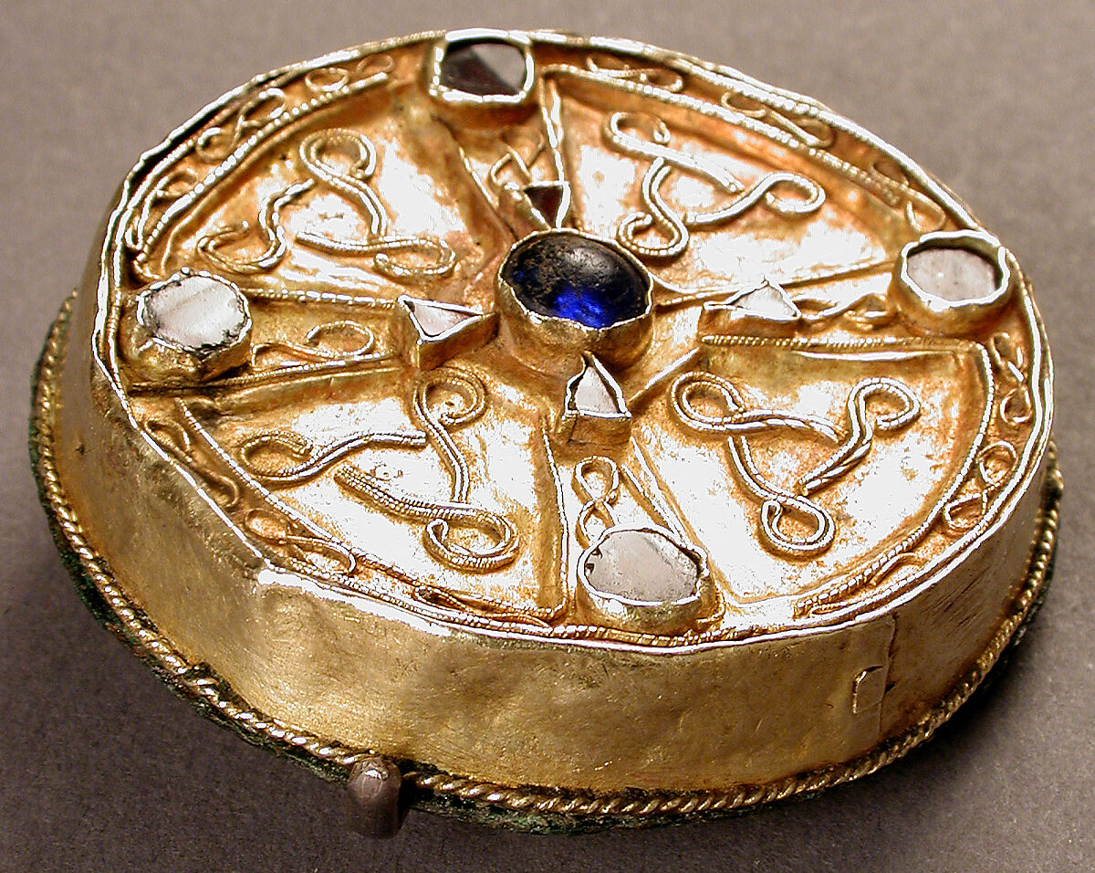 Disk Brooch, Gold, copper alloy, garnet and glass, Frankish
