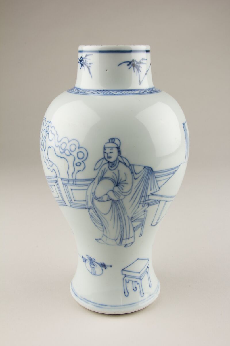 Vase with scholars in a garden, Porcelain painted in underglaze cobalt blue (Jingdezhen ware), China