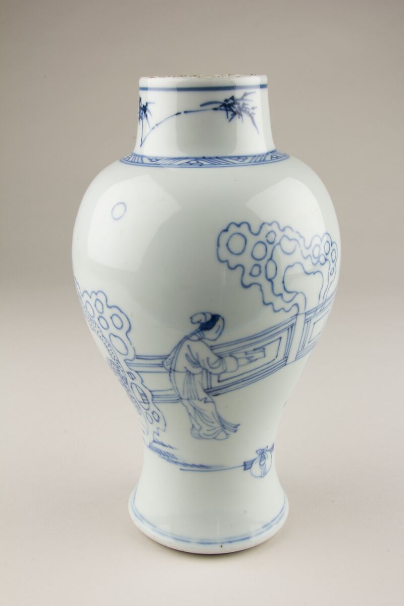 Vase with scholars in a garden, Porcelain painted in underglaze cobalt blue (Jingdezhen ware), China