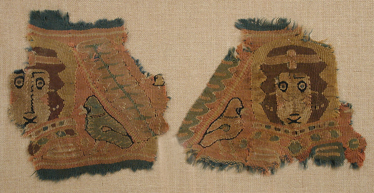 Two Fragments with Human Faces and Birds, Tapestry weave; linen and wool, Coptic 