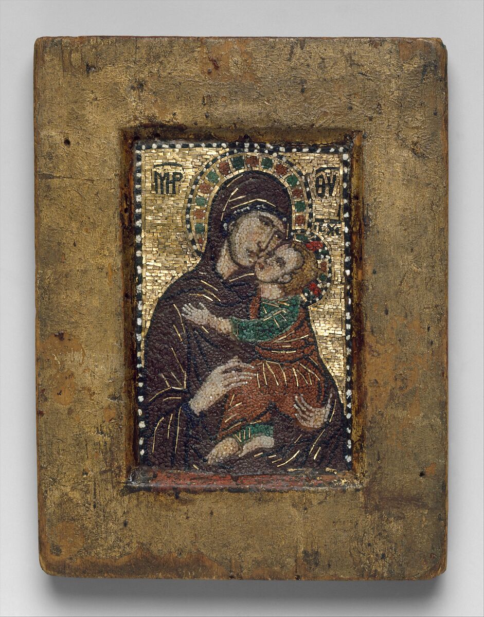 Portable Icon with the Virgin Eleousa, Miniature mosaic set in wax on wood panel, with gold, multicolored stones, and gilded copper, Byzantine 