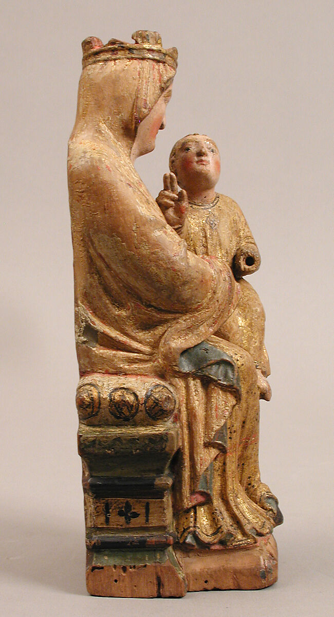 Enthroned Virgin and Child, Limewood with original paint and gilding, Mosan or Lower-Rhenish