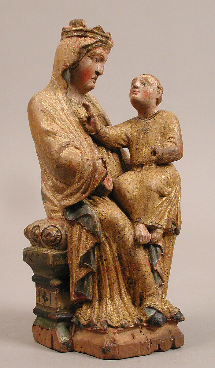 Enthroned Virgin and Child, Limewood with original paint and gilding, Mosan or Lower-Rhenish