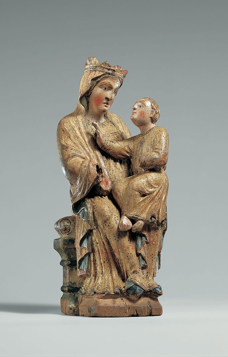 Enthroned Virgin and Child, Limewood with original paint and gilding, Mosan or Lower-Rhenish 