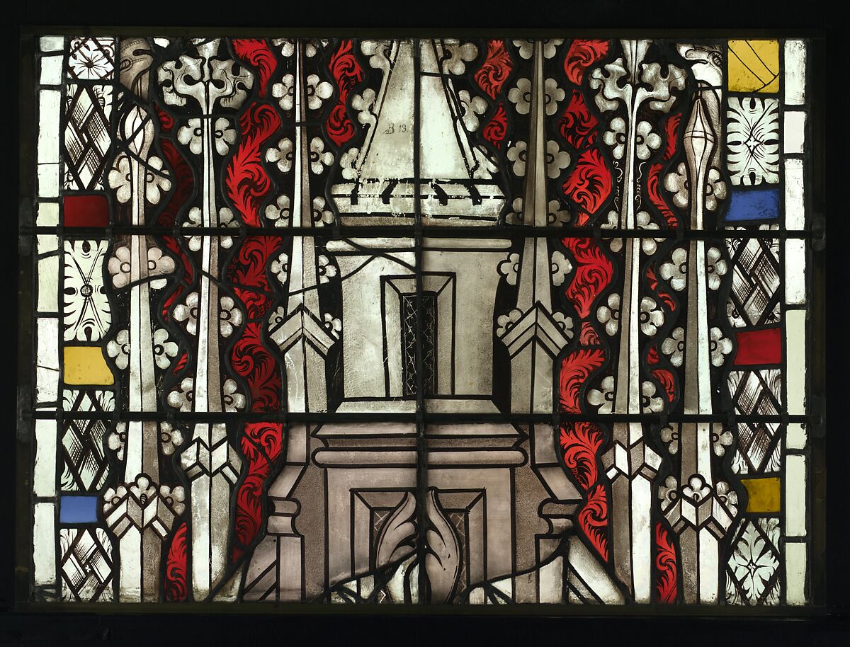 Saint Servatius Crushing a Dragon, with Saint Michael Weighing Souls below (from a series with The Virgin Mary and Five Standing Saints), Pot-metal glass, white glass, vitreous paint, silver stain, German