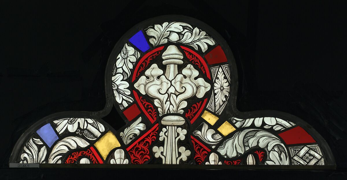 Saint Servatius Crushing a Dragon, with Saint Michael Weighing Souls below (from a series with The Virgin Mary and Five Standing Saints), Pot-metal glass, white glass, vitreous paint, silver stain, German