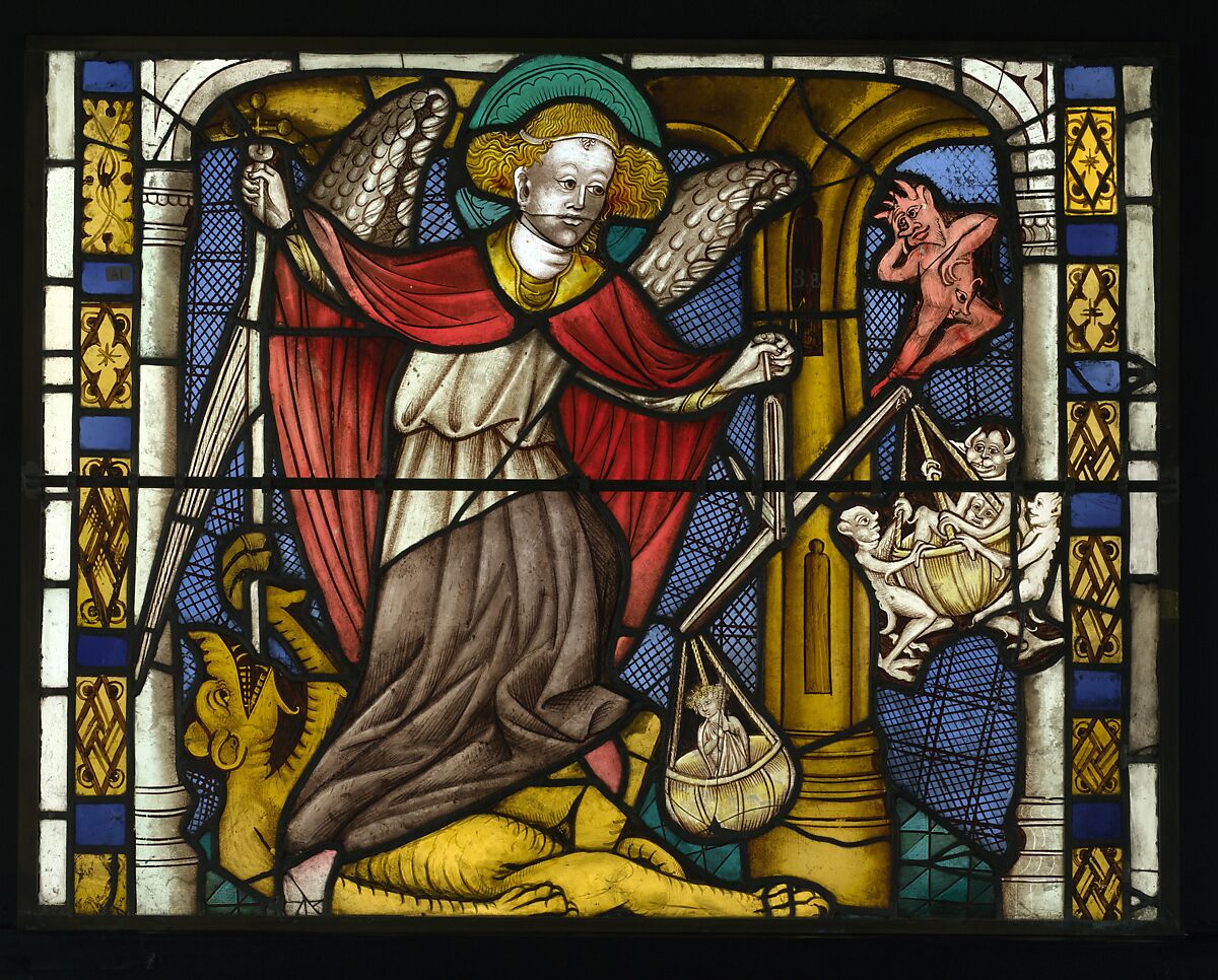 Saint Servatius Crushing a Dragon, with Saint Michael Weighing Souls below (from a series with The Virgin Mary and Five Standing Saints), Pot-metal glass, white glass, vitreous paint, silver stain, German