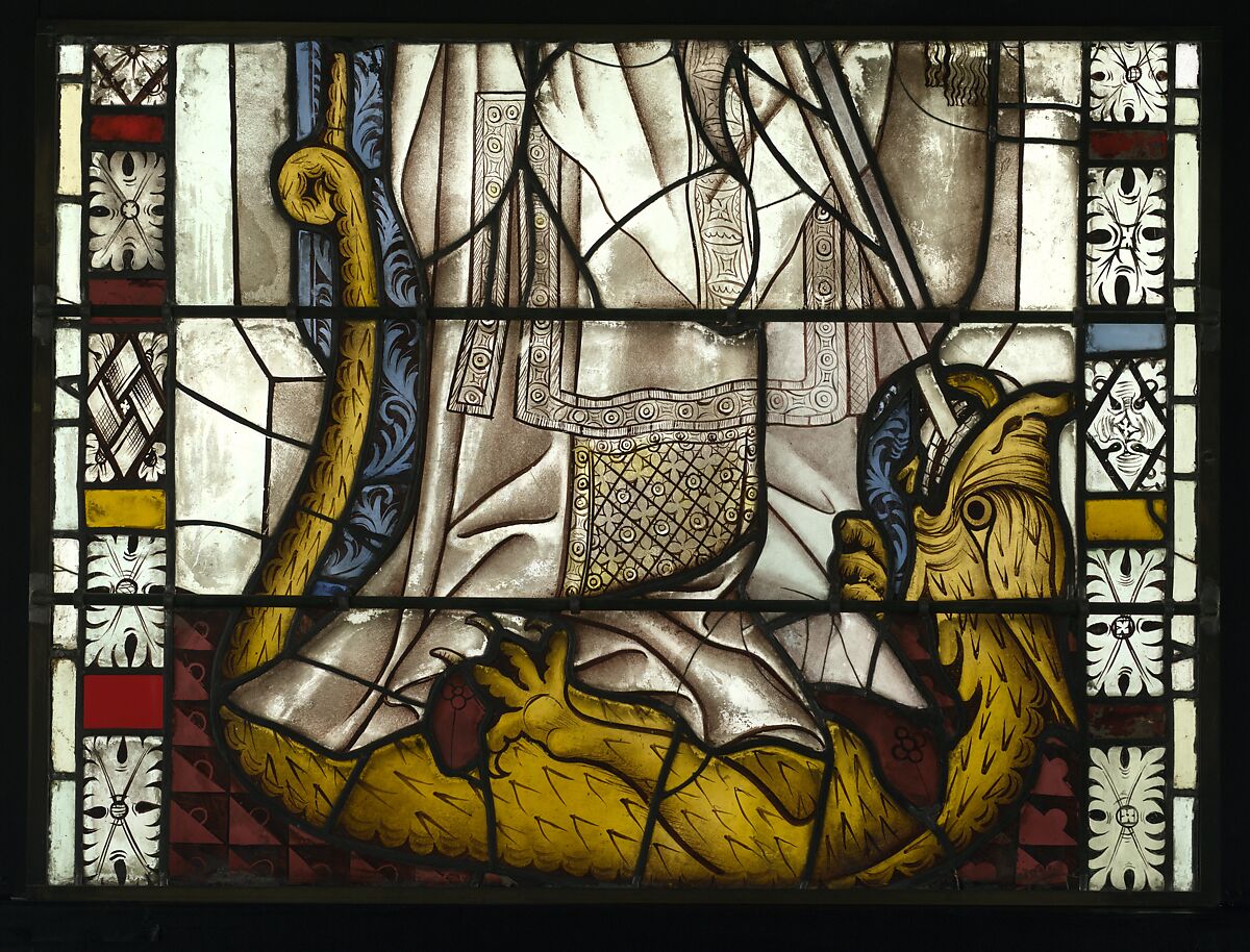 Saint Servatius Crushing a Dragon, with Saint Michael Weighing Souls below (from a series with The Virgin Mary and Five Standing Saints), Pot-metal glass, white glass, vitreous paint, silver stain, German
