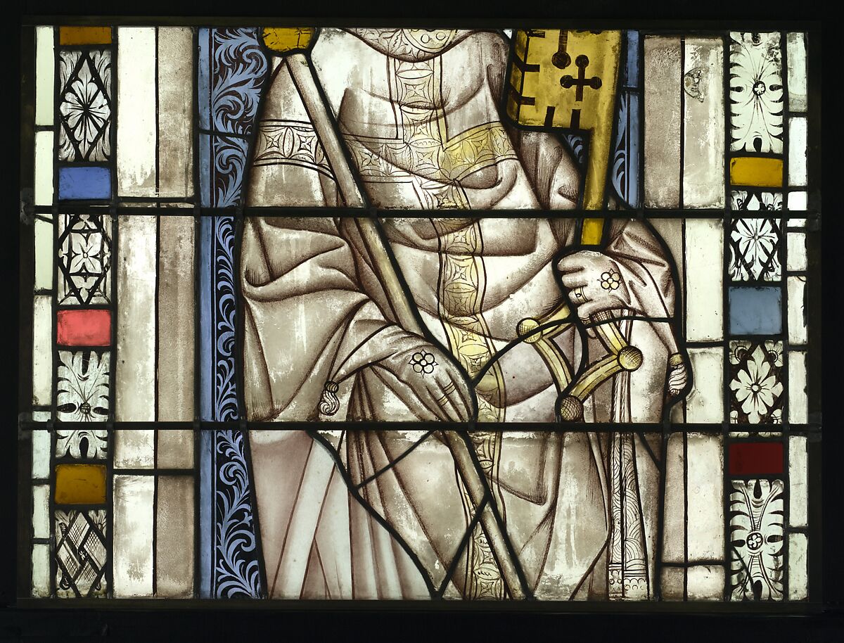 Saint Servatius Crushing a Dragon, with Saint Michael Weighing Souls below (from a series with The Virgin Mary and Five Standing Saints), Pot-metal glass, white glass, vitreous paint, silver stain, German