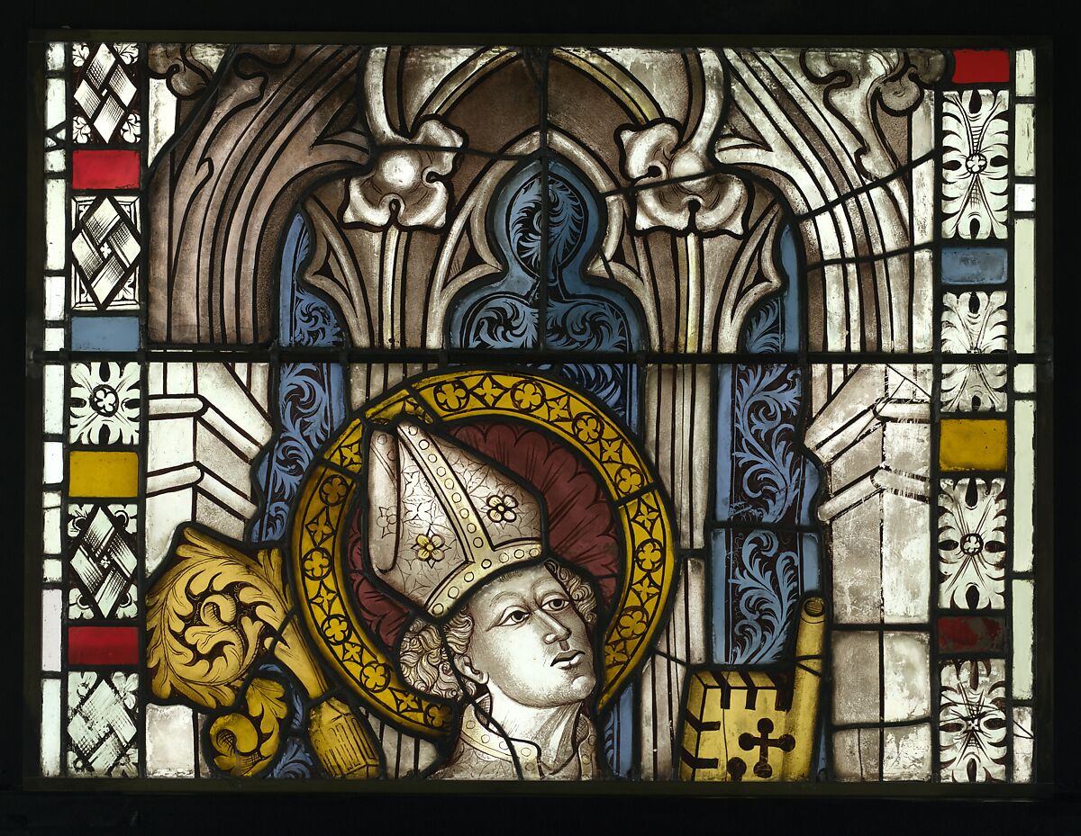 Saint Servatius Crushing a Dragon, with Saint Michael Weighing Souls below (from a series with The Virgin Mary and Five Standing Saints), Pot-metal glass, white glass, vitreous paint, silver stain, German