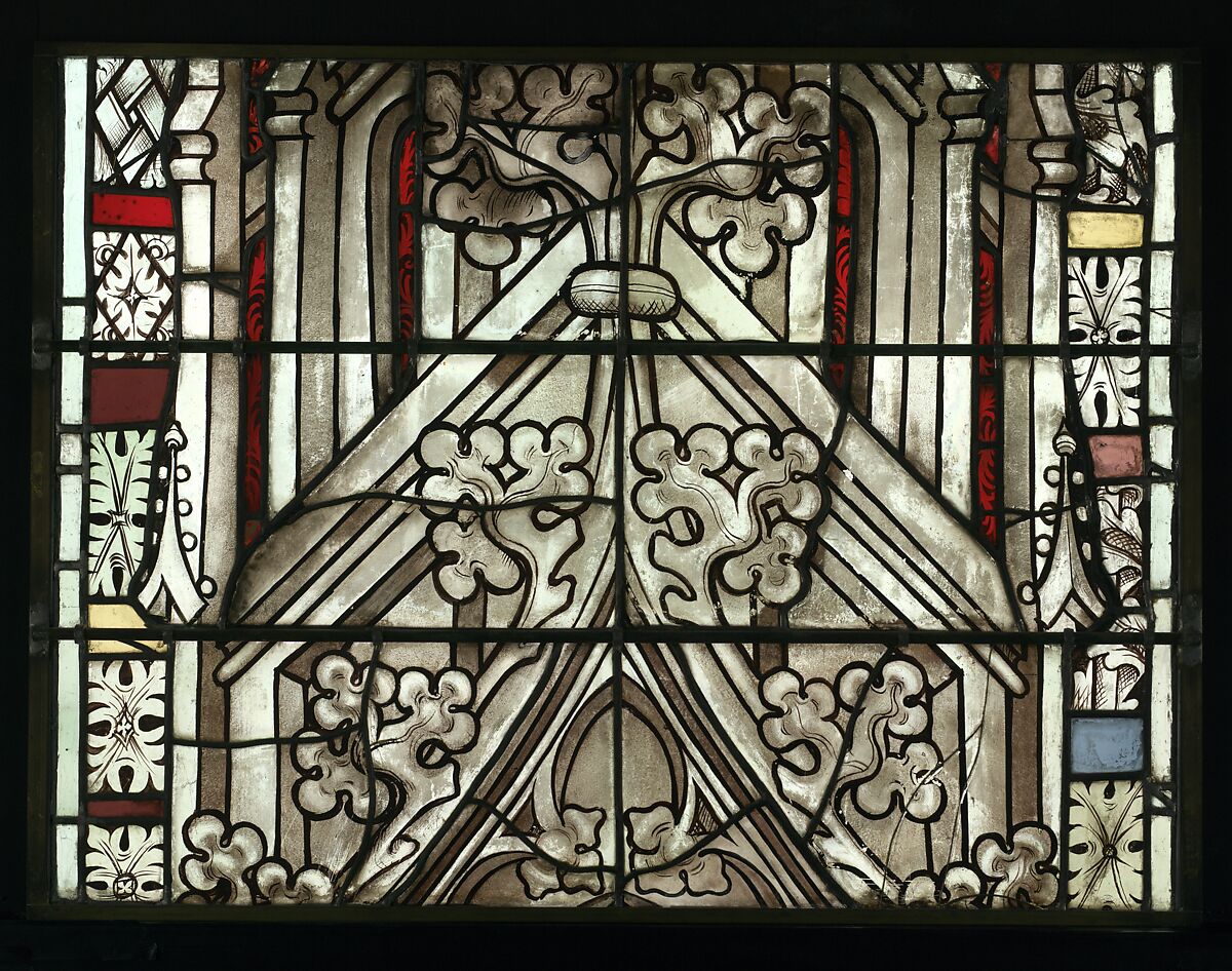 Saint Servatius Crushing a Dragon, with Saint Michael Weighing Souls below (from a series with The Virgin Mary and Five Standing Saints), Pot-metal glass, white glass, vitreous paint, silver stain, German