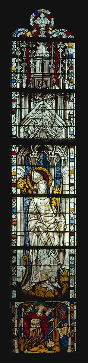 Saint Servatius Crushing a Dragon, with Saint Michael Weighing Souls below (from a series with The Virgin Mary and Five Standing Saints), Pot-metal glass, white glass, vitreous paint, silver stain, German 