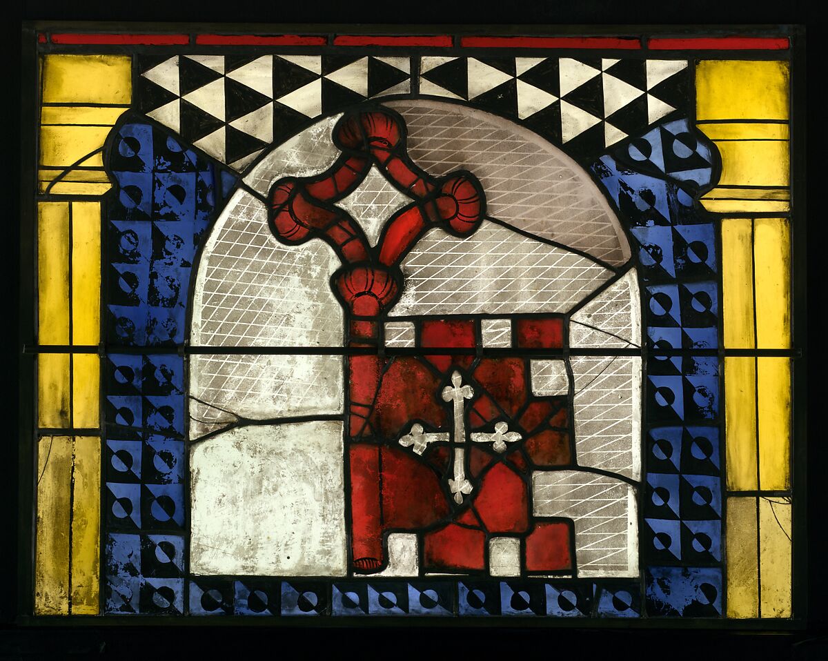 The Virgin in a Blue Robe Decorated with Images of Wheat, with the Arms of the Bishop of Liège below (from a series with The Virgin Mary and Five Standing Saints), Pot-metal glass, white glass, vitreous paint, silver stain, German