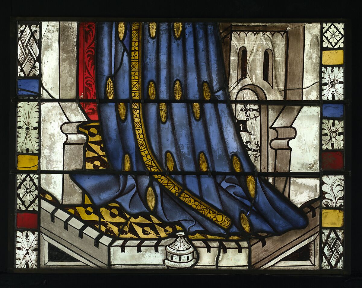 The Virgin in a Blue Robe Decorated with Images of Wheat, with the Arms of the Bishop of Liège below (from a series with The Virgin Mary and Five Standing Saints), Pot-metal glass, white glass, vitreous paint, silver stain, German
