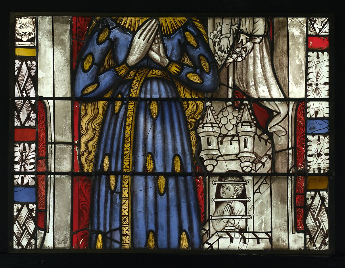 The Virgin in a Blue Robe Decorated with Images of Wheat, with the Arms of the Bishop of Liège below (from a series with The Virgin Mary and Five Standing Saints), Pot-metal glass, white glass, vitreous paint, silver stain, German