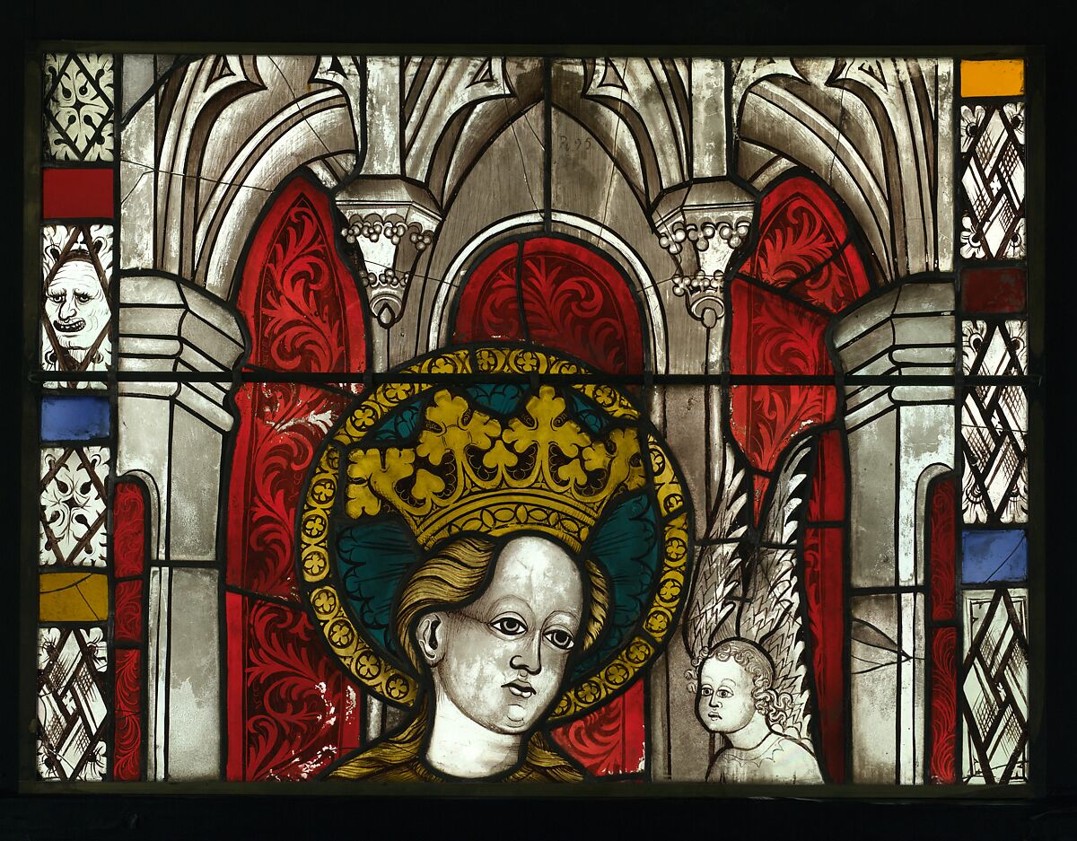 The Virgin in a Blue Robe Decorated with Images of Wheat, with the Arms of the Bishop of Liège below (from a series with The Virgin Mary and Five Standing Saints), Pot-metal glass, white glass, vitreous paint, silver stain, German