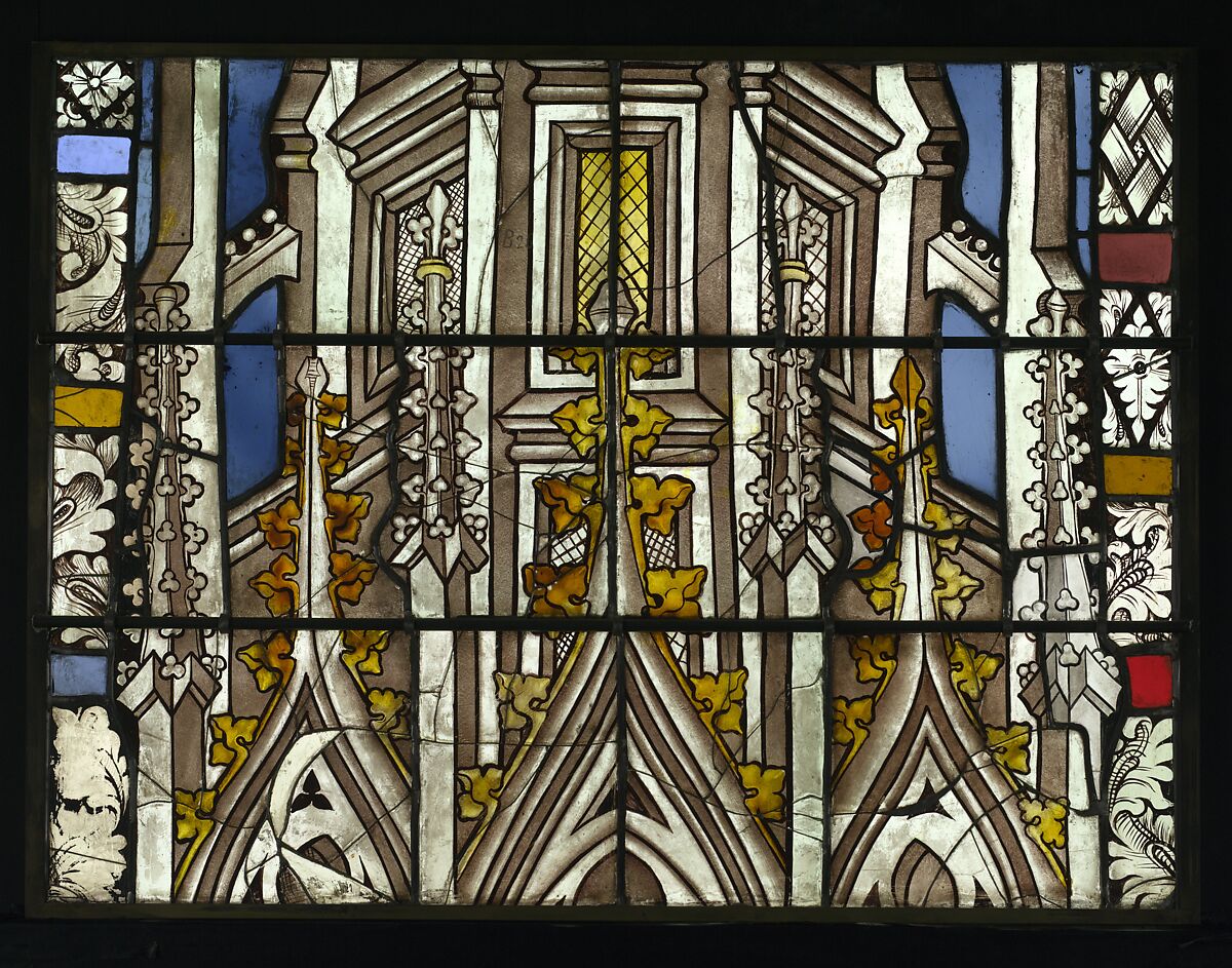 The Virgin in a Blue Robe Decorated with Images of Wheat, with the Arms of the Bishop of Liège below (from a series with The Virgin Mary and Five Standing Saints), Pot-metal glass, white glass, vitreous paint, silver stain, German