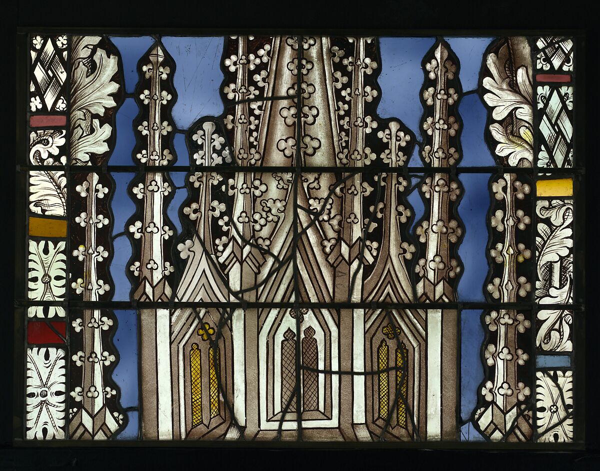 The Virgin in a Blue Robe Decorated with Images of Wheat, with the Arms of the Bishop of Liège below (from a series with The Virgin Mary and Five Standing Saints), Pot-metal glass, white glass, vitreous paint, silver stain, German