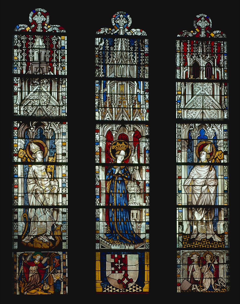 The Virgin in a Blue Robe Decorated with Images of Wheat, with the Arms of the Bishop of Liège below (from a series with The Virgin Mary and Five Standing Saints), Pot-metal glass, white glass, vitreous paint, silver stain, German