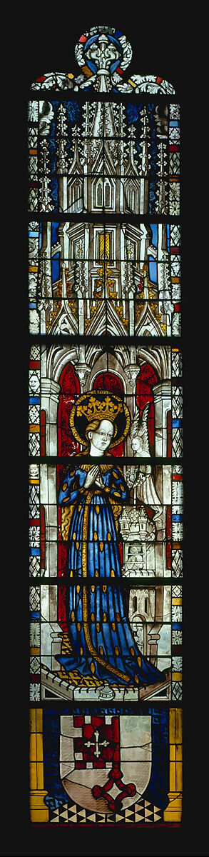 The Virgin in a Blue Robe Decorated with Images of Wheat, with the Arms of the Bishop of Liège below (from a series with The Virgin Mary and Five Standing Saints), Pot-metal glass, white glass, vitreous paint, silver stain, German 