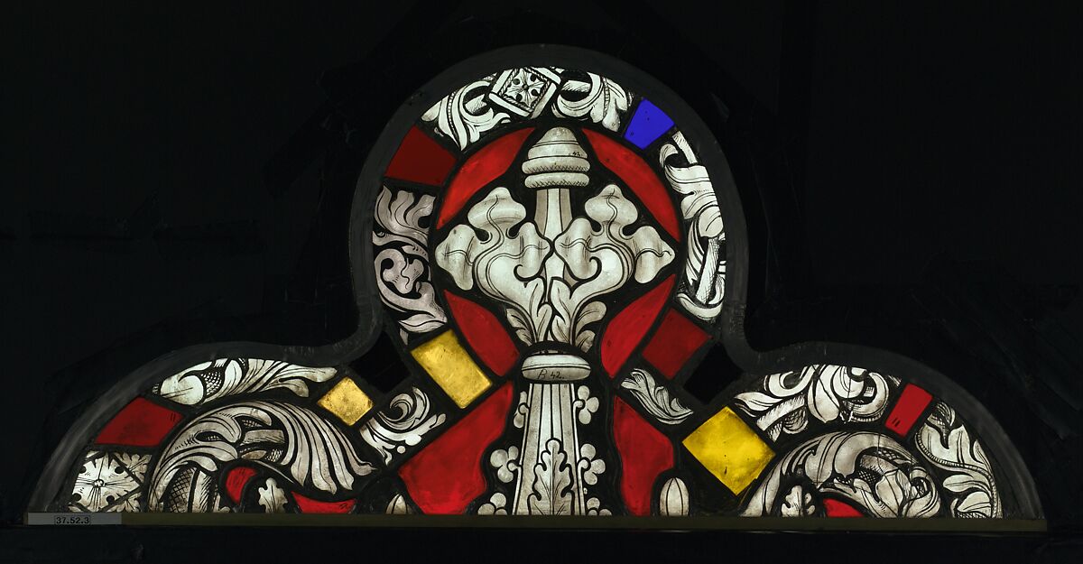 Saint Lambert, Bishop of Liège, with a Pilgrim Saint and Saint James below (from a series with The Virgin Mary and Five Standing Saints), Pot-metal glass, white glass, vitreous paint, silver stain, German