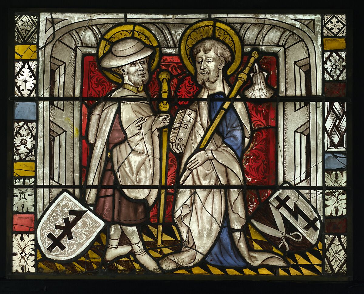 Saint Lambert, Bishop of Liège, with a Pilgrim Saint and Saint James below (from a series with The Virgin Mary and Five Standing Saints), Pot-metal glass, white glass, vitreous paint, silver stain, German