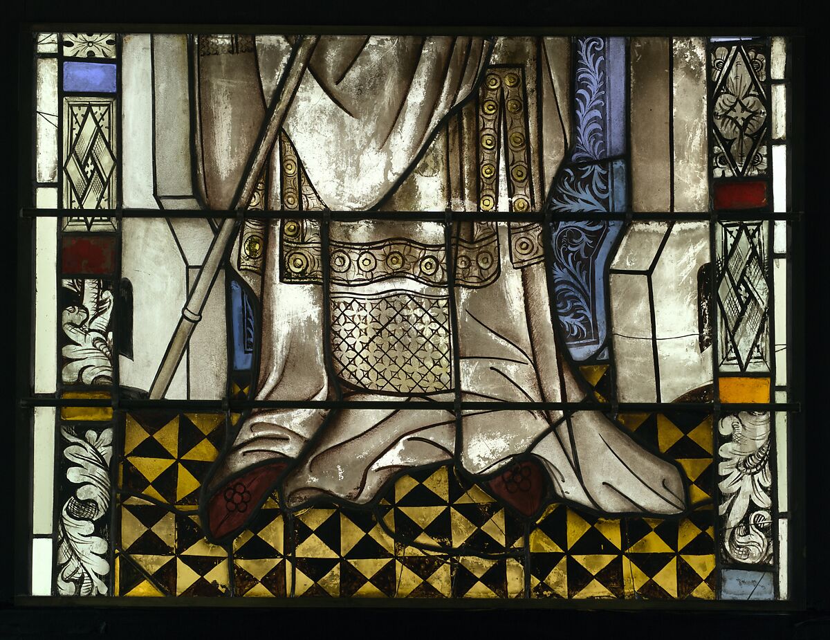 Saint Lambert, Bishop of Liège, with a Pilgrim Saint and Saint James below (from a series with The Virgin Mary and Five Standing Saints), Pot-metal glass, white glass, vitreous paint, silver stain, German