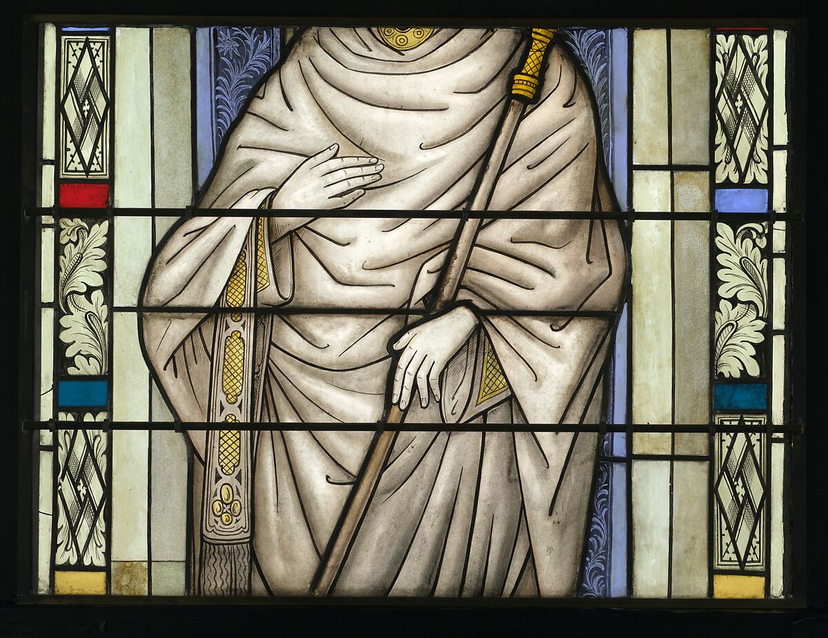 Saint Lambert, Bishop of Liège, with a Pilgrim Saint and Saint James below (from a series with The Virgin Mary and Five Standing Saints), Pot-metal glass, white glass, vitreous paint, silver stain, German