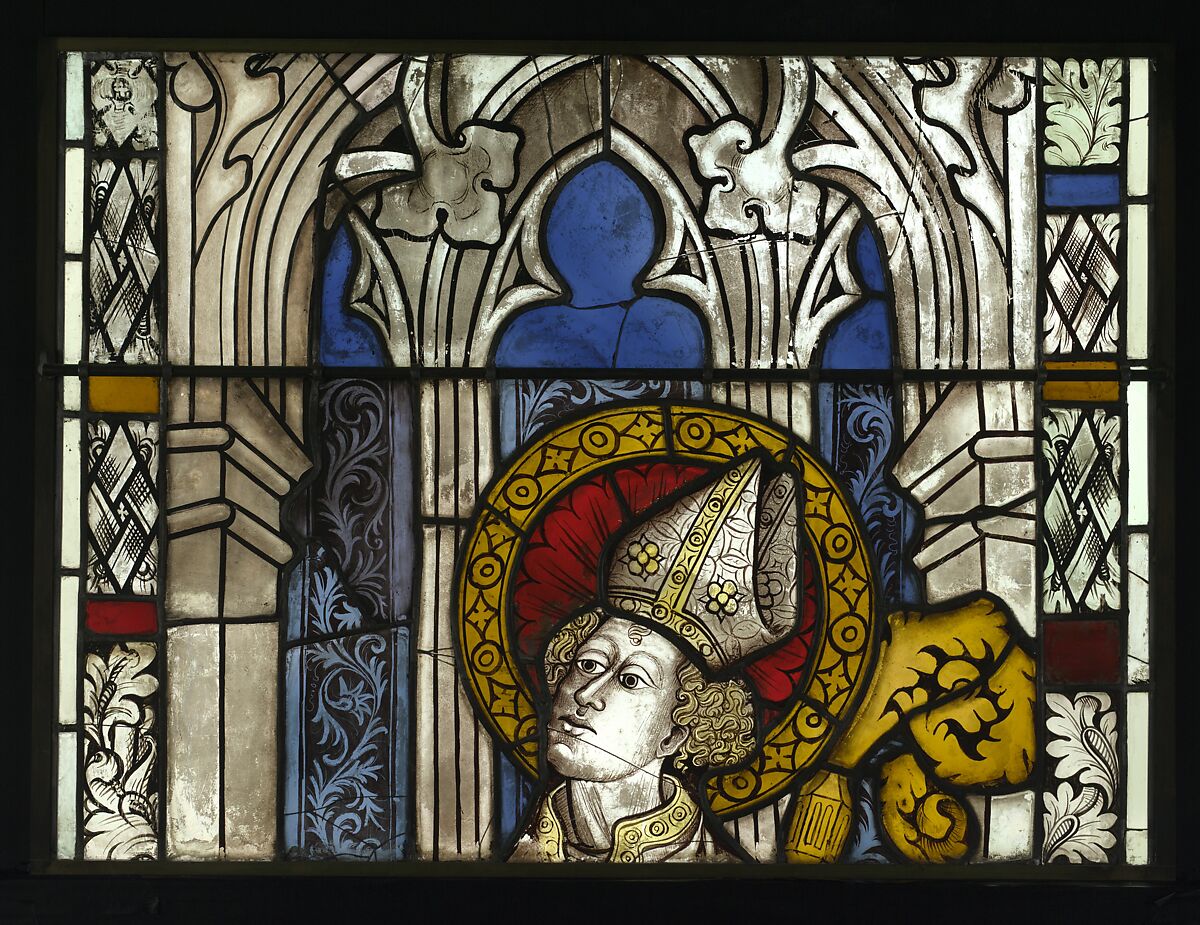 Saint Lambert, Bishop of Liège, with a Pilgrim Saint and Saint James below (from a series with The Virgin Mary and Five Standing Saints), Pot-metal glass, white glass, vitreous paint, silver stain, German