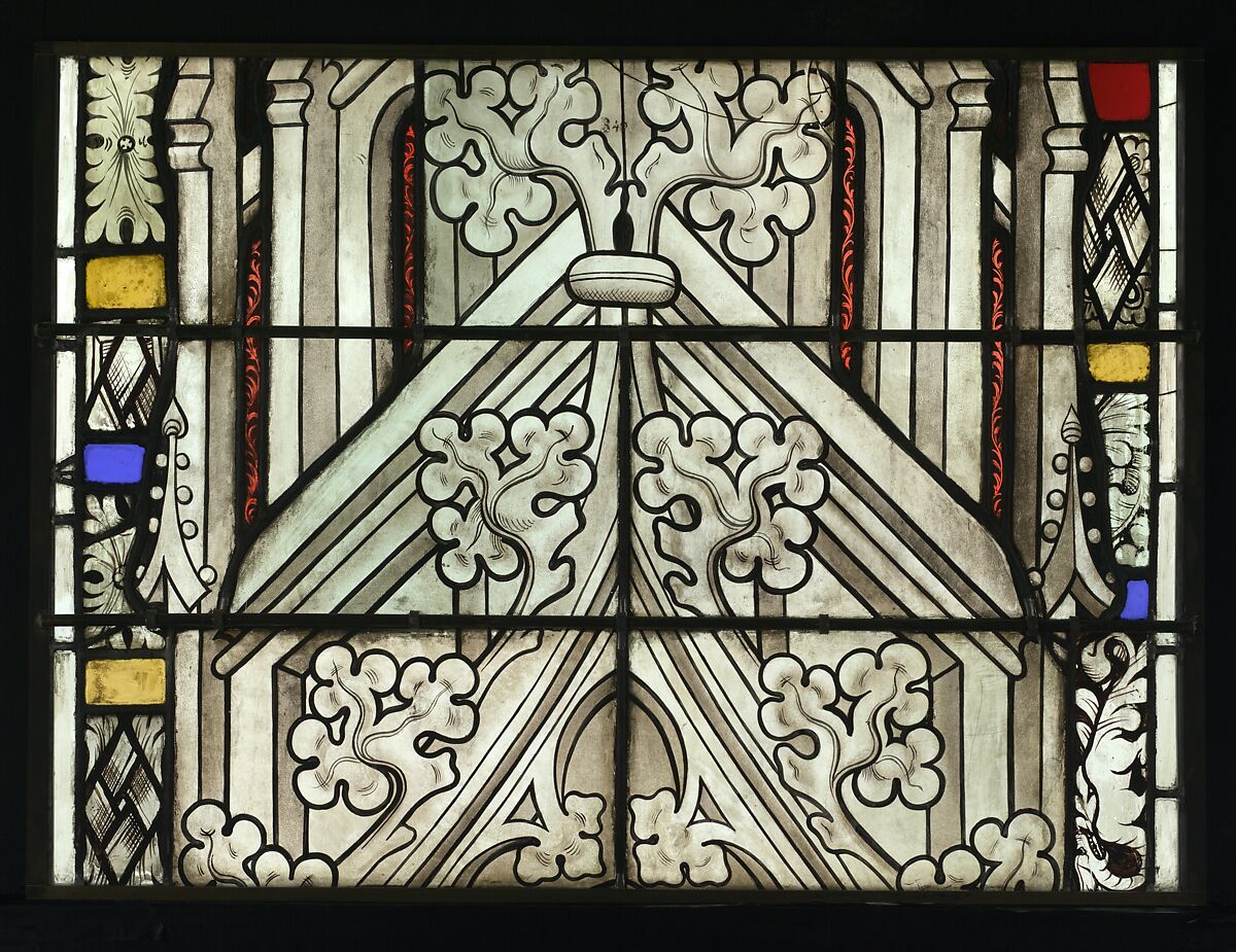 Saint Lambert, Bishop of Liège, with a Pilgrim Saint and Saint James below (from a series with The Virgin Mary and Five Standing Saints), Pot-metal glass, white glass, vitreous paint, silver stain, German