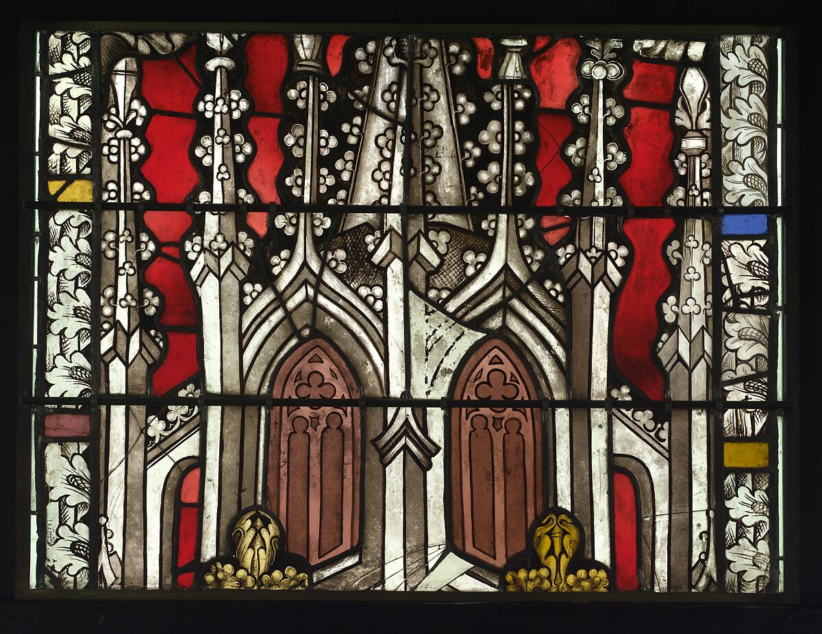 Saint Lambert, Bishop of Liège, with a Pilgrim Saint and Saint James below (from a series with The Virgin Mary and Five Standing Saints), Pot-metal glass, white glass, vitreous paint, silver stain, German