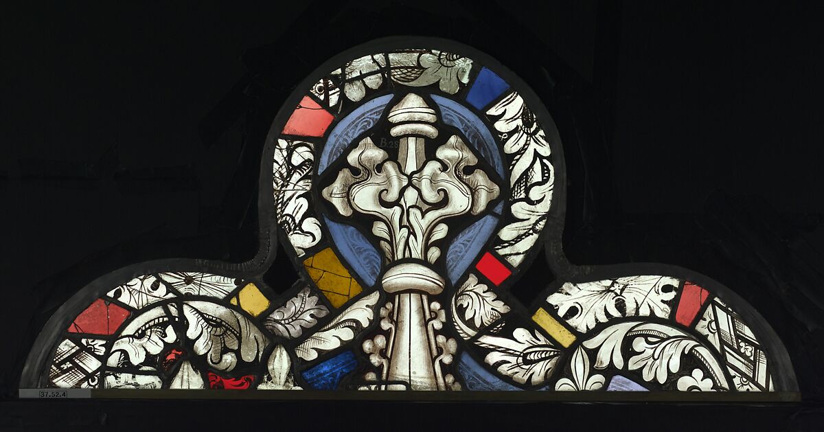 Saint Catherine with the Wheel and Sword, and with the Arms the Cooper’s Guild below (from a series with The Virgin Mary and Five Standing Saints), Pot-metal glass, white glass, vitreous paint, silver stain, German