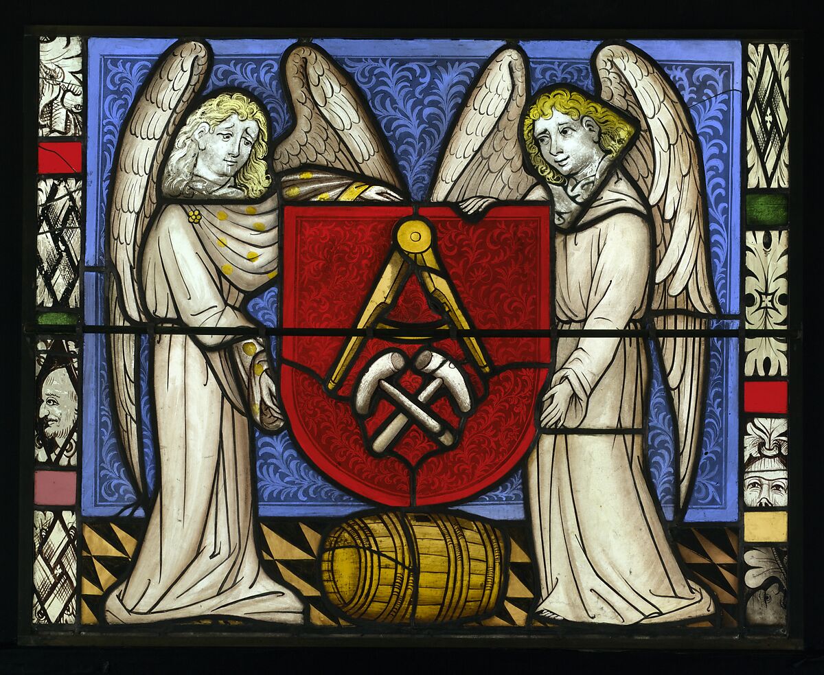 Saint Catherine with the Wheel and Sword, and with the Arms the Cooper’s Guild below (from a series with The Virgin Mary and Five Standing Saints), Pot-metal glass, white glass, vitreous paint, silver stain, German