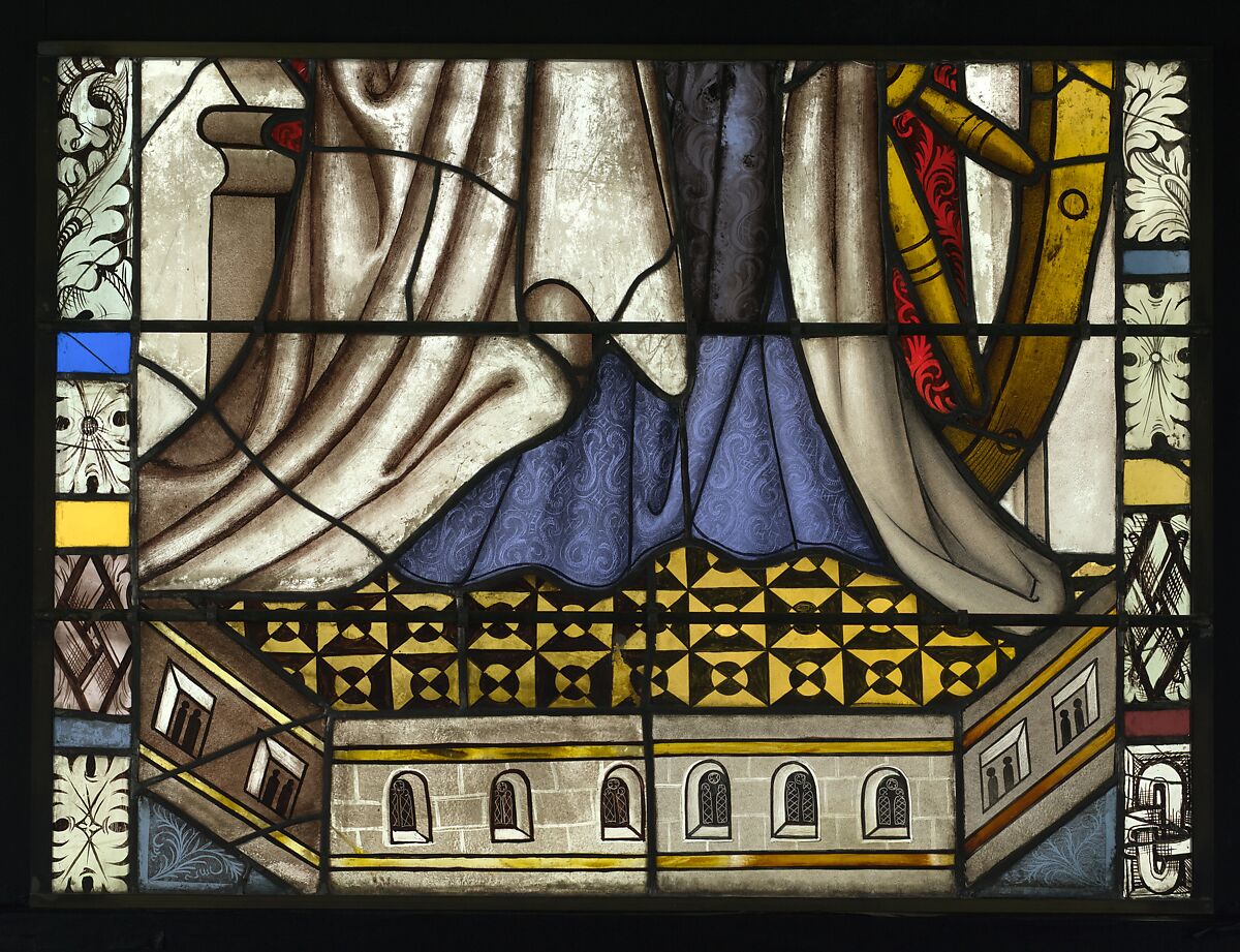 Saint Catherine with the Wheel and Sword, and with the Arms the Cooper’s Guild below (from a series with The Virgin Mary and Five Standing Saints), Pot-metal glass, white glass, vitreous paint, silver stain, German
