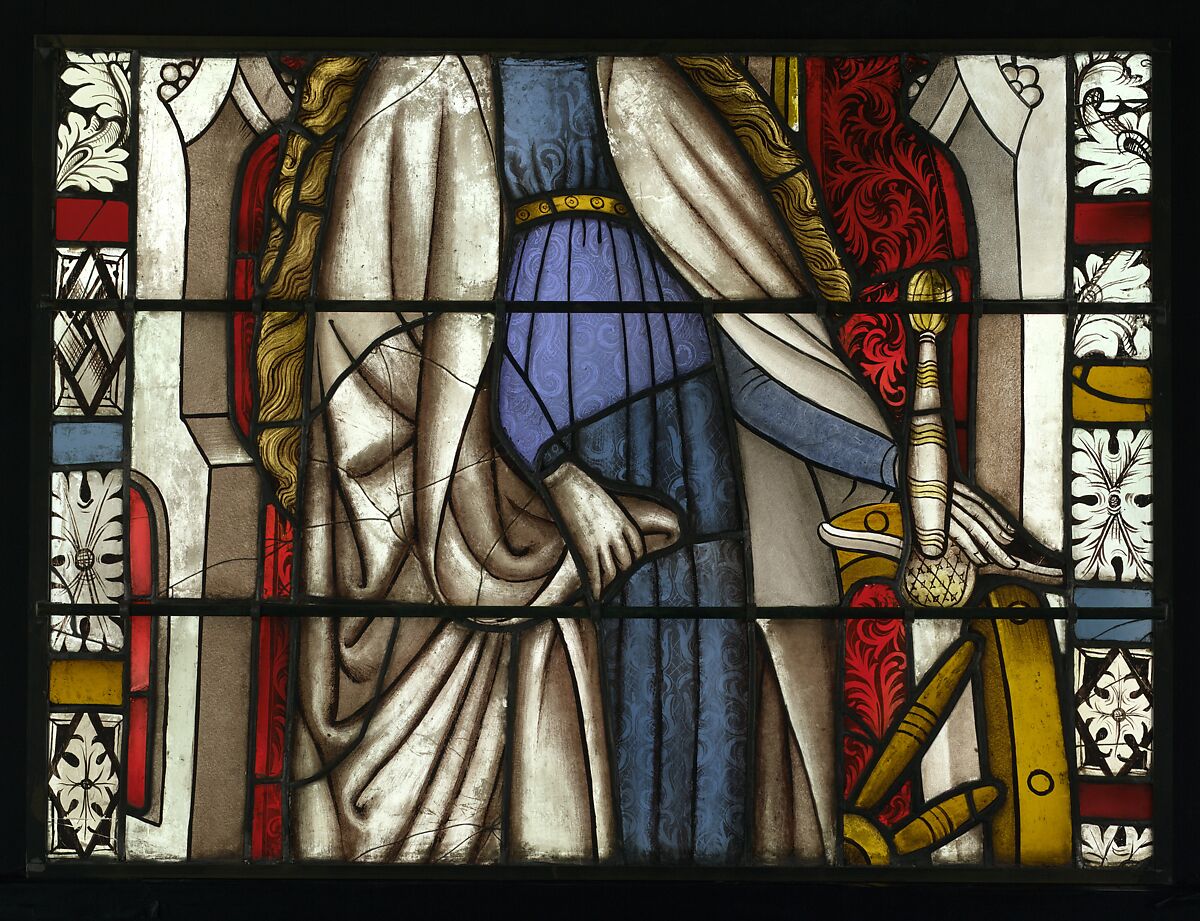 Saint Catherine with the Wheel and Sword, and with the Arms the Cooper’s Guild below (from a series with The Virgin Mary and Five Standing Saints), Pot-metal glass, white glass, vitreous paint, silver stain, German