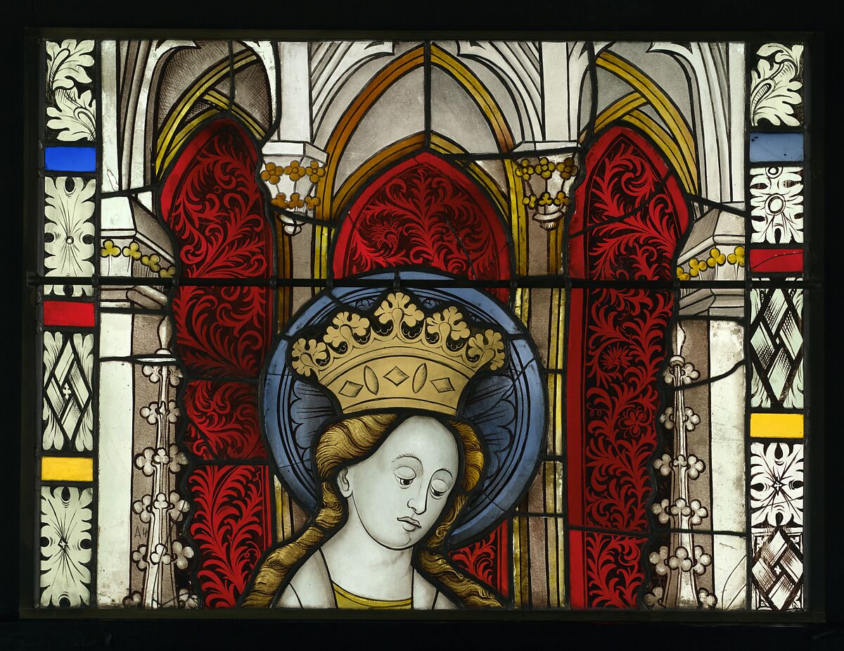 Saint Catherine with the Wheel and Sword, and with the Arms the Cooper’s Guild below (from a series with The Virgin Mary and Five Standing Saints), Pot-metal glass, white glass, vitreous paint, silver stain, German