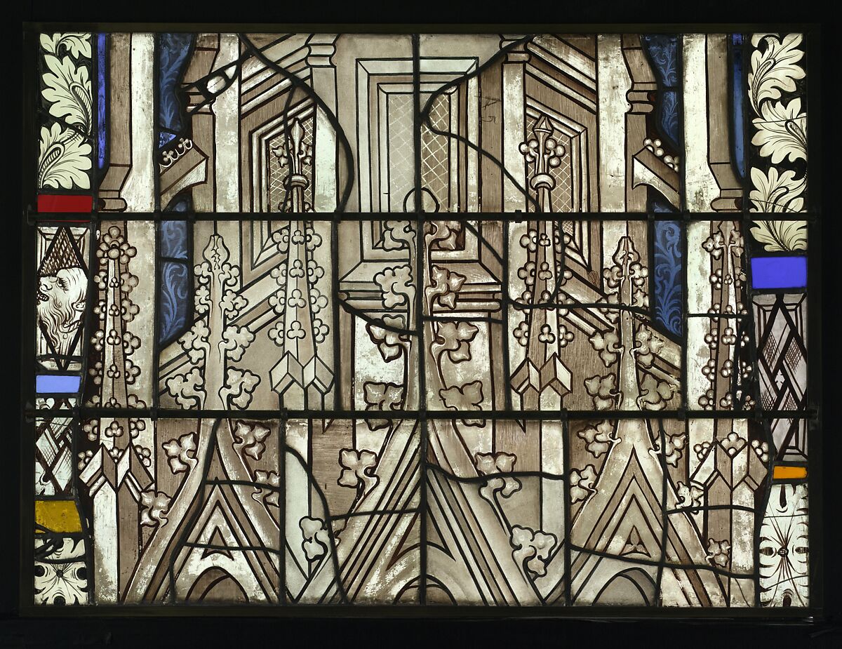 Saint Catherine with the Wheel and Sword, and with the Arms the Cooper’s Guild below (from a series with The Virgin Mary and Five Standing Saints), Pot-metal glass, white glass, vitreous paint, silver stain, German