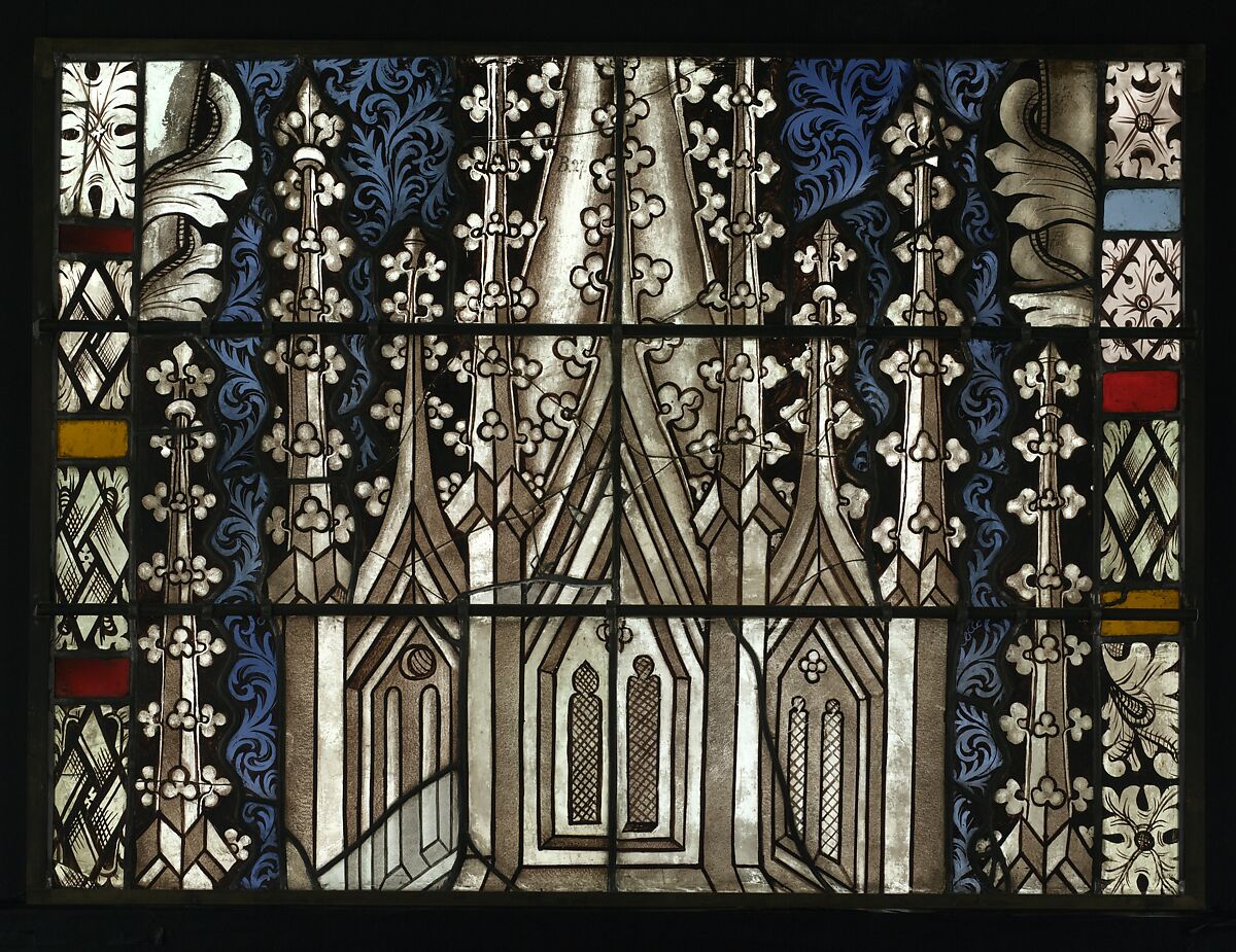 Saint Catherine with the Wheel and Sword, and with the Arms the Cooper’s Guild below (from a series with The Virgin Mary and Five Standing Saints), Pot-metal glass, white glass, vitreous paint, silver stain, German