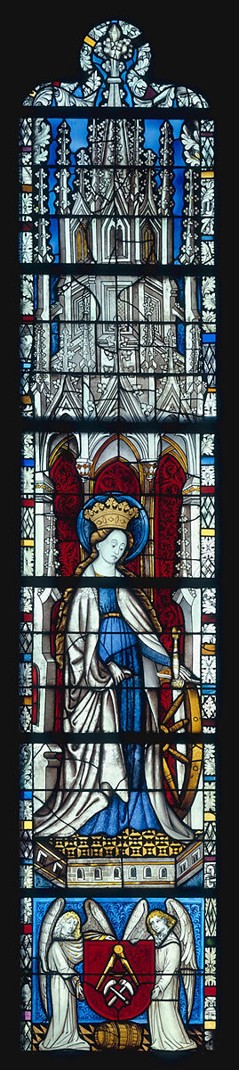 Saint Catherine with the Wheel and Sword, and with the Arms the Cooper’s Guild below (from a series with The Virgin Mary and Five Standing Saints), Pot-metal glass, white glass, vitreous paint, silver stain, German 