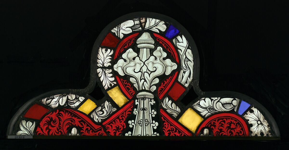 Saint Dorothea with Jesus and a Basket of Roses, and with the Trinity below (from a series with The Virgin Mary and Five Standing Saints), Pot-metal and colorless glass with vitreous paint and silver stain, German