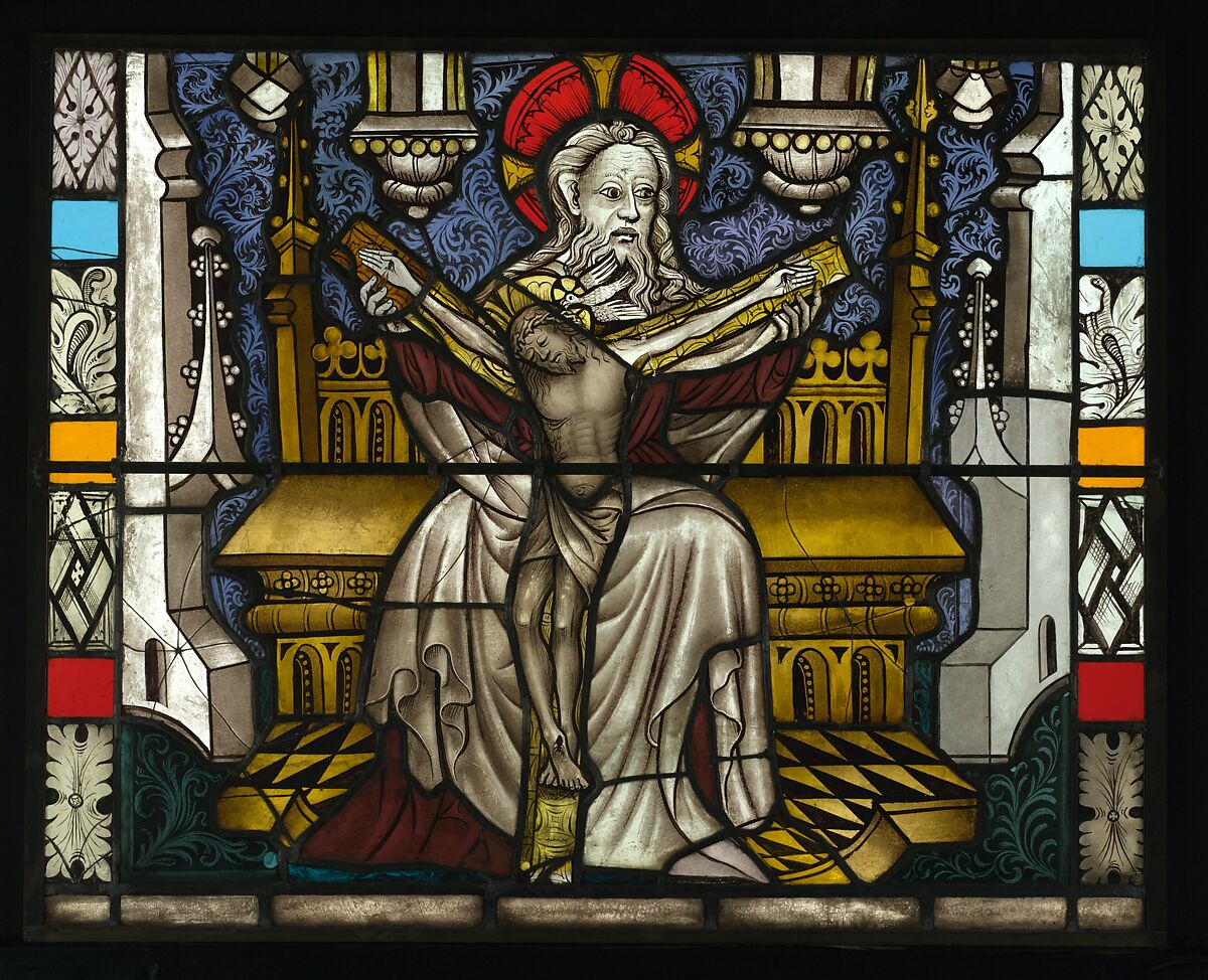 Saint Dorothea with Jesus and a Basket of Roses, and with the Trinity below (from a series with The Virgin Mary and Five Standing Saints), Pot-metal and colorless glass with vitreous paint and silver stain, German