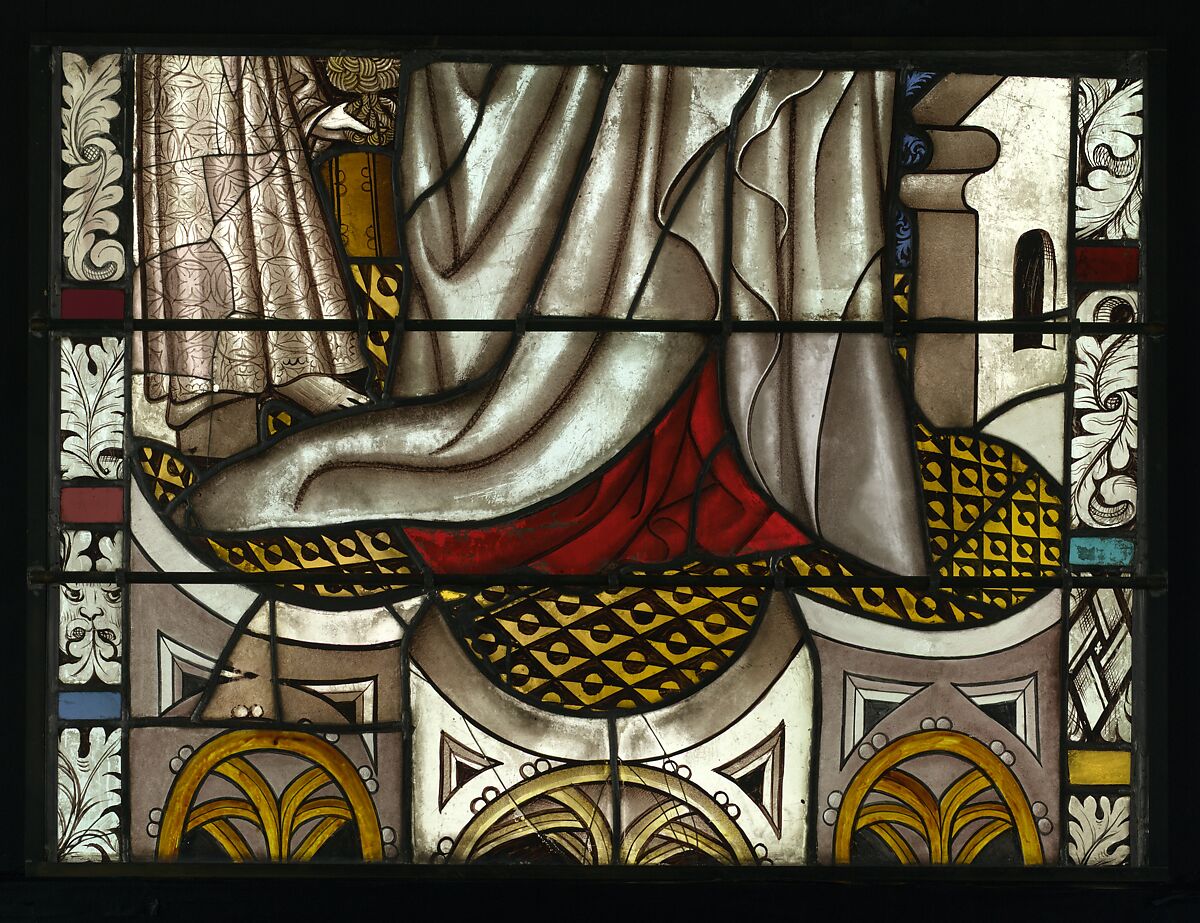 Saint Dorothea with Jesus and a Basket of Roses, and with the Trinity below (from a series with The Virgin Mary and Five Standing Saints), Pot-metal and colorless glass with vitreous paint and silver stain, German