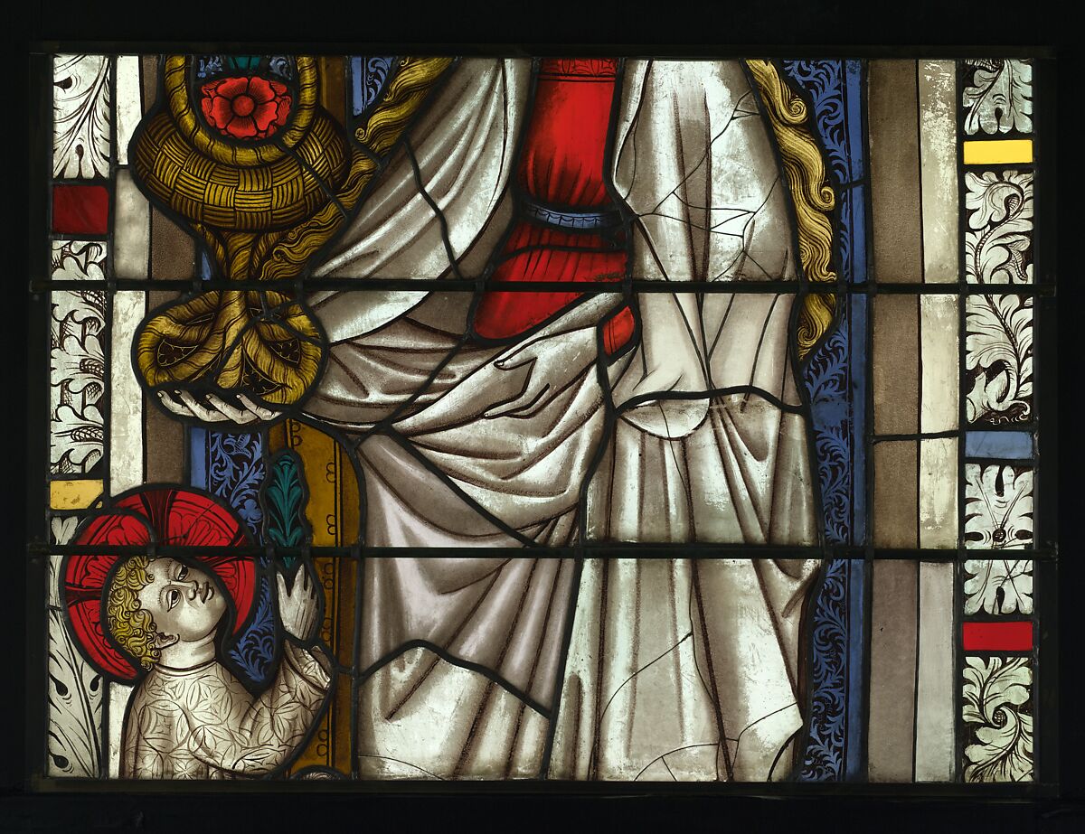 Saint Dorothea with Jesus and a Basket of Roses, and with the Trinity below (from a series with The Virgin Mary and Five Standing Saints), Pot-metal and colorless glass with vitreous paint and silver stain, German