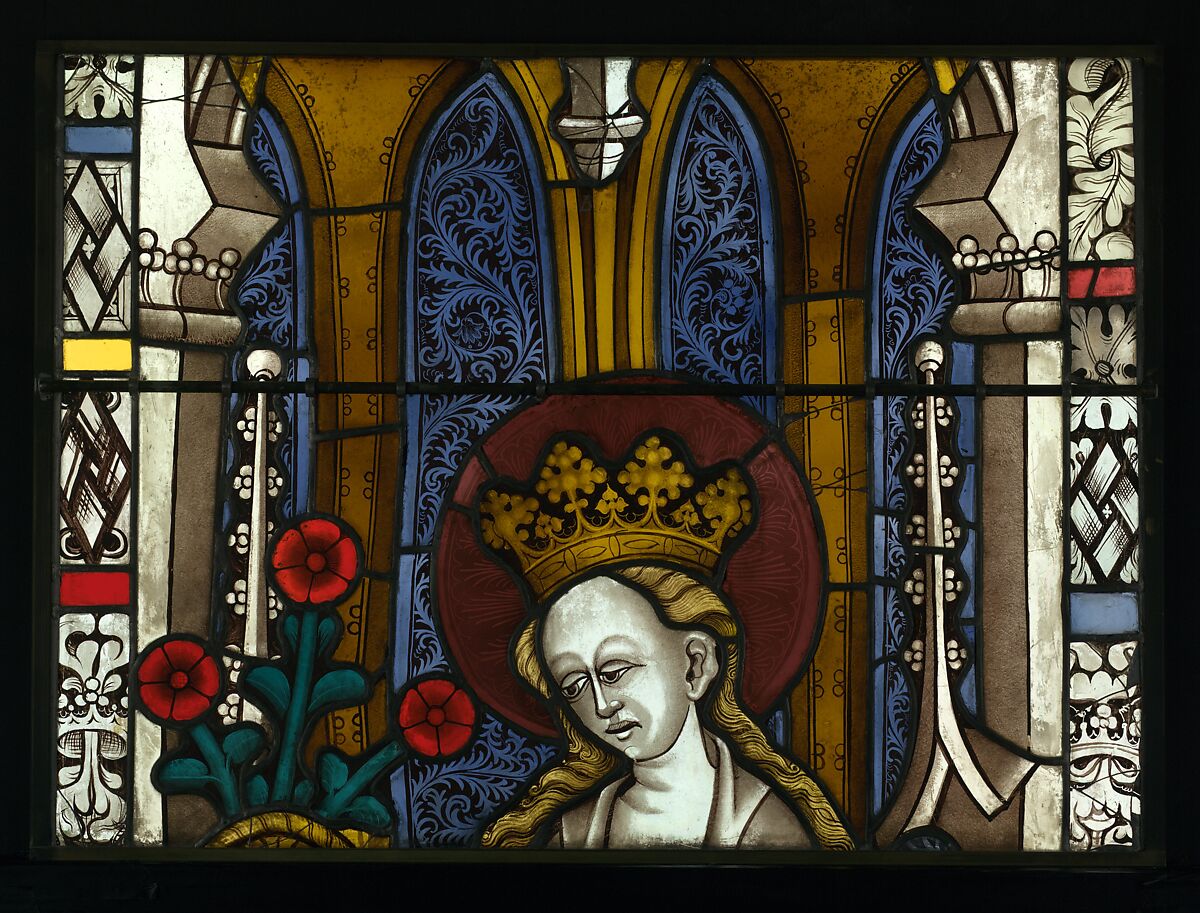 Saint Dorothea with Jesus and a Basket of Roses, and with the Trinity below (from a series with The Virgin Mary and Five Standing Saints), Pot-metal and colorless glass with vitreous paint and silver stain, German