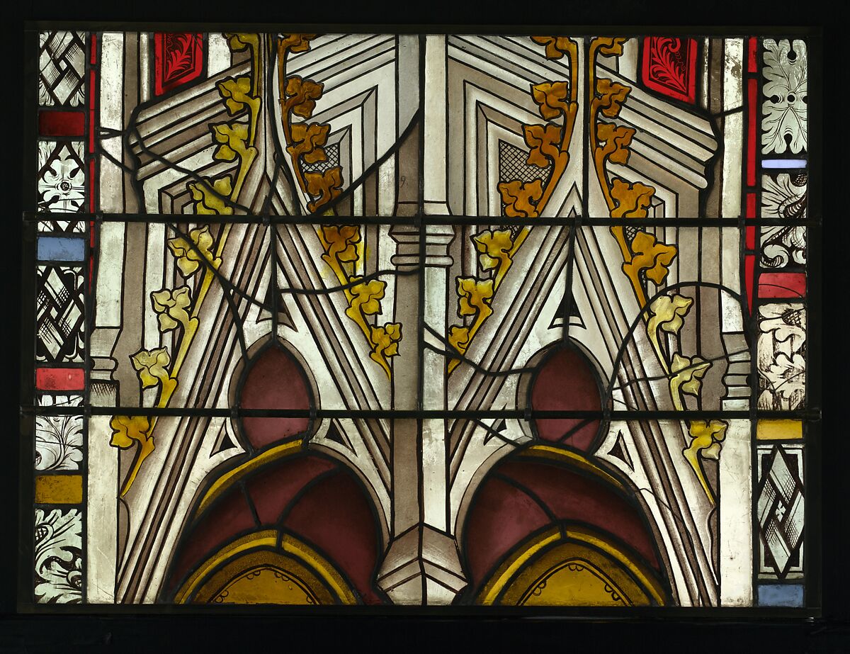 Saint Dorothea with Jesus and a Basket of Roses, and with the Trinity below (from a series with The Virgin Mary and Five Standing Saints), Pot-metal and colorless glass with vitreous paint and silver stain, German