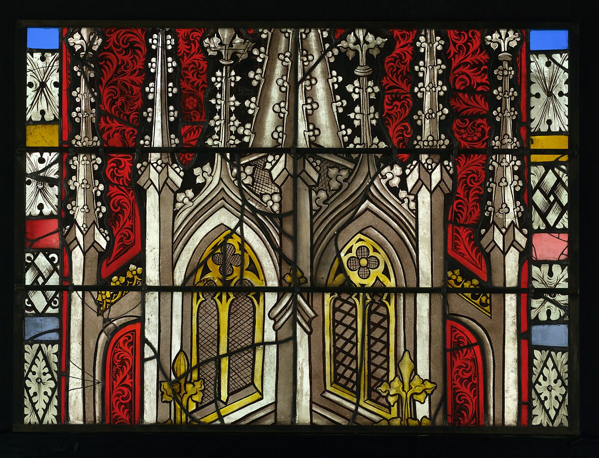 Saint Dorothea with Jesus and a Basket of Roses, and with the Trinity below (from a series with The Virgin Mary and Five Standing Saints), Pot-metal and colorless glass with vitreous paint and silver stain, German