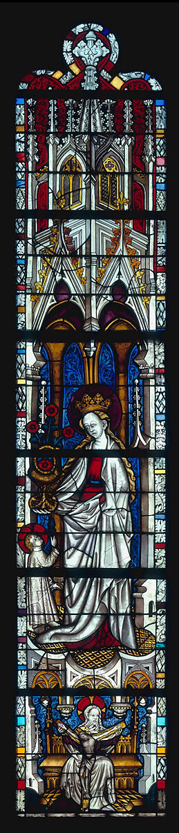 Saint Dorothea with Jesus and a Basket of Roses, and with the Trinity below (from a series with The Virgin Mary and Five Standing Saints), Pot-metal and colorless glass with vitreous paint and silver stain, German 