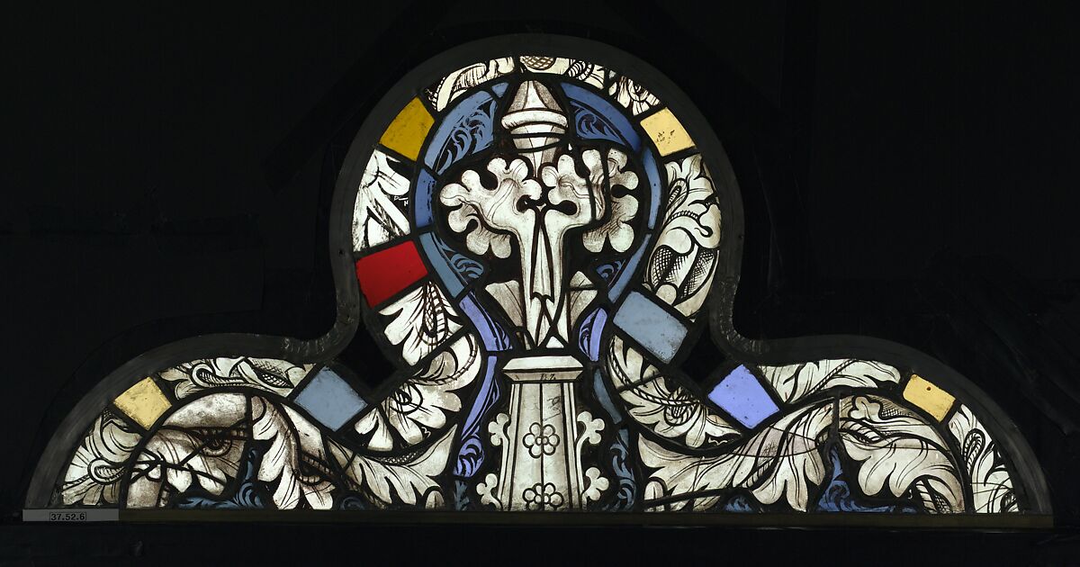 Saint Barbara Holding a Tower, with the Arms of the City of Maastrict below (from a series with The Virgin Mary and Five Standing Saints), Pot-metal glass, white glass, vitreous paint, silver stain, German
