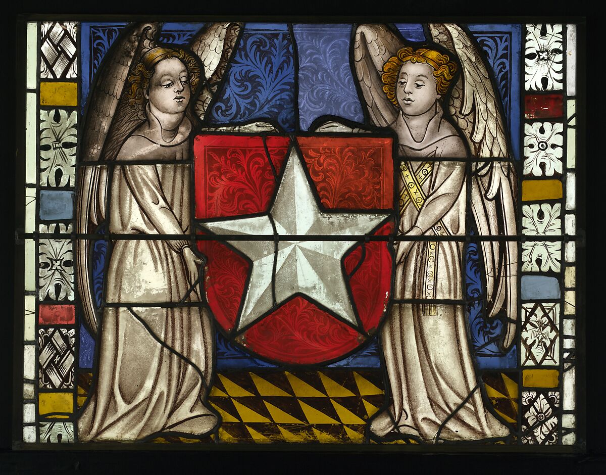 Saint Barbara Holding a Tower, with the Arms of the City of Maastrict below (from a series with The Virgin Mary and Five Standing Saints), Pot-metal glass, white glass, vitreous paint, silver stain, German